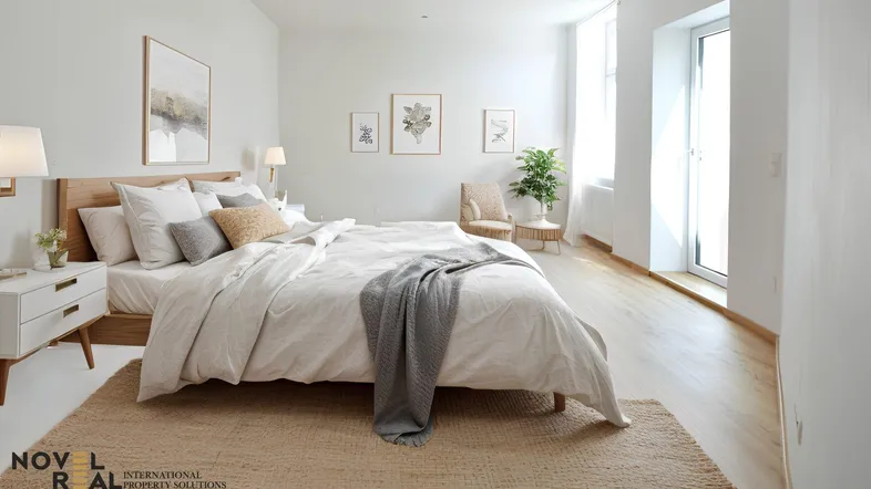 Helles Schlafzimmer mit modernem Holzbett, Parkettboden und großem Fenster für viel Tageslicht.
