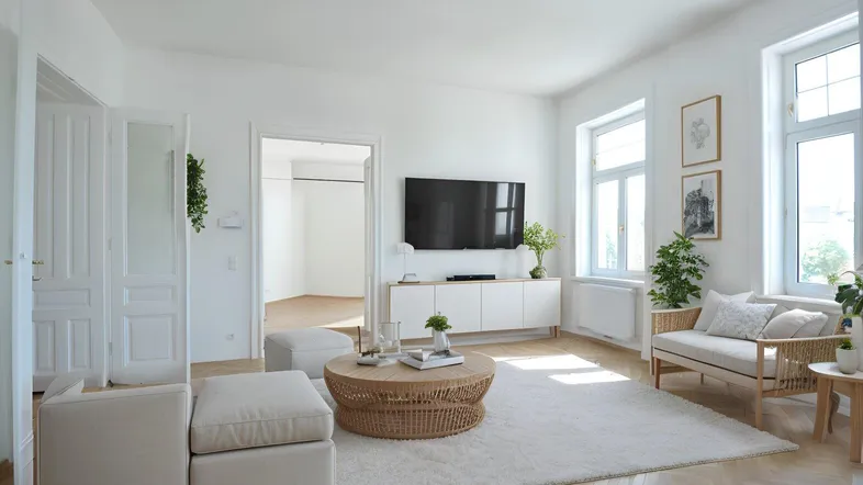 Helles Wohnzimmer mit modernem Mobiliar, Parkettboden und Blick in einen weiteren Raum.