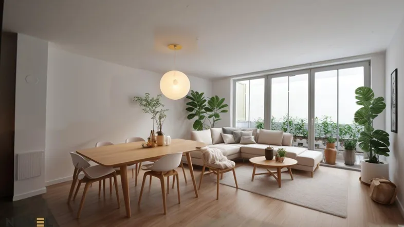 Heller, offener Wohn-Essbereich mit Holzboden, bequemer Sitzecke und Zugang zur Terrasse.