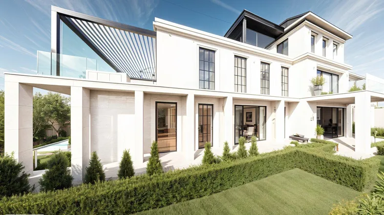 Moderne Villa mit eleganter Architektur, gepflegtem Garten und überdachten Terrassenbereichen.