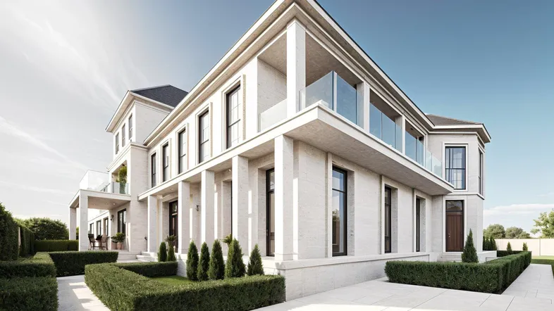 Moderne Villa mit eleganter Fassade, großen Fenstern und gepflegter Gartenanlage.