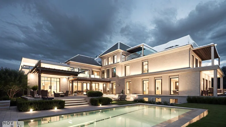Luxuriöse Villa bei Dämmerung mit beleuchtetem Pool und gepflegtem Gartenbereich.
