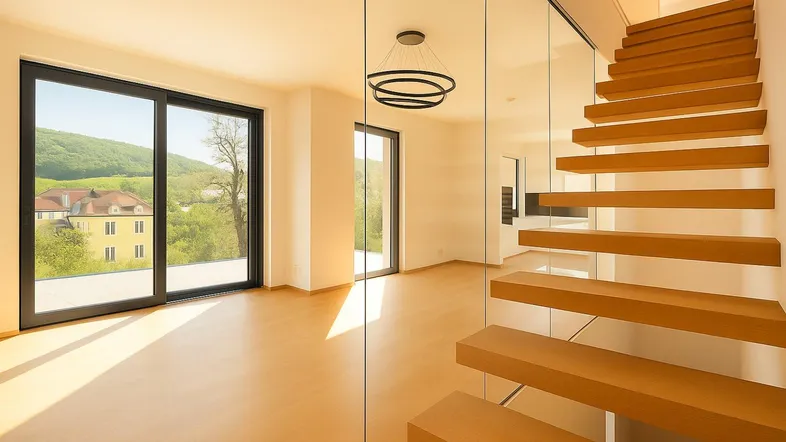 Helles Wohnzimmer mit großen Schiebetüren, Holzboden und moderner Treppe mit Glasgeländer.
