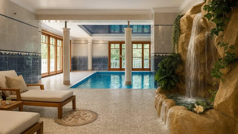 Wellnessbereich mit Innenpool, dekorativem Wasserfall und Liegeflächen.