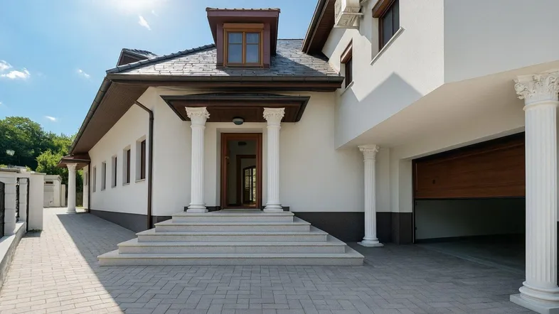 Elegantes Haus mit Säulen am Eingang, gepflasterter Auffahrt und integrierter Garage.