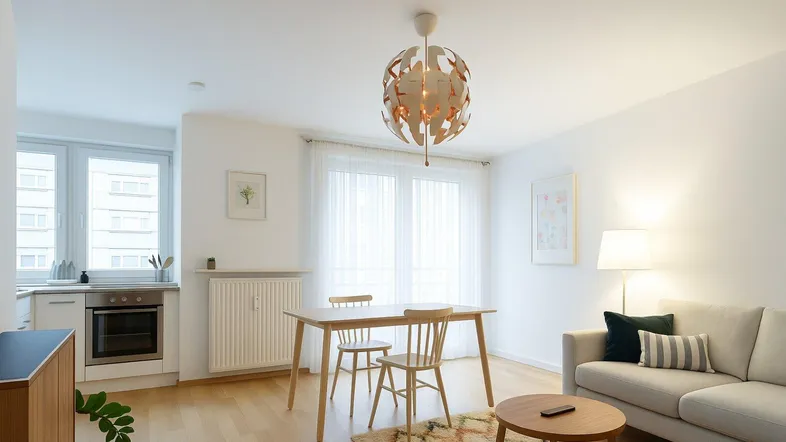 Helles Wohn- und Esszimmer mit integrierter Küchenzeile, Parkettboden und modernen Möbeln.