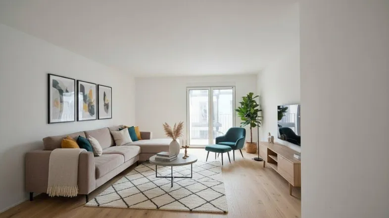 Helles und modern eingerichtetes Wohnzimmer mit beigem Ecksofa, Holzboden und Zugang zum Außenbereich.