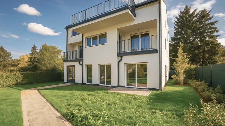 Modernes Mehrfamilienhaus mit weißer Fassade, großen Fenstern und gepflegtem Gartenbereich.
