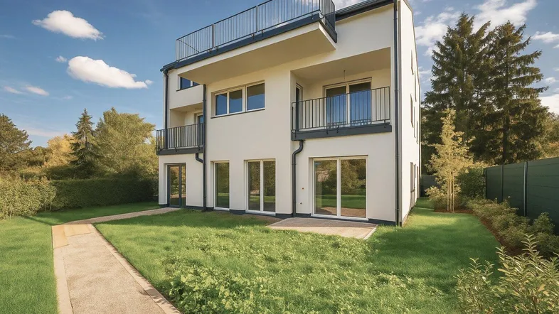 Modernes Mehrfamilienhaus mit weißer Fassade, Balkonen und gepflegtem Rasenbereich unter blauem Himmel.