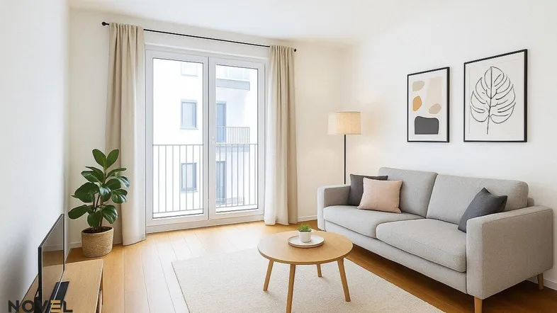 Helles Wohnzimmer mit modernem Sofa, Holzboden und Zugang zu einem Balkon.