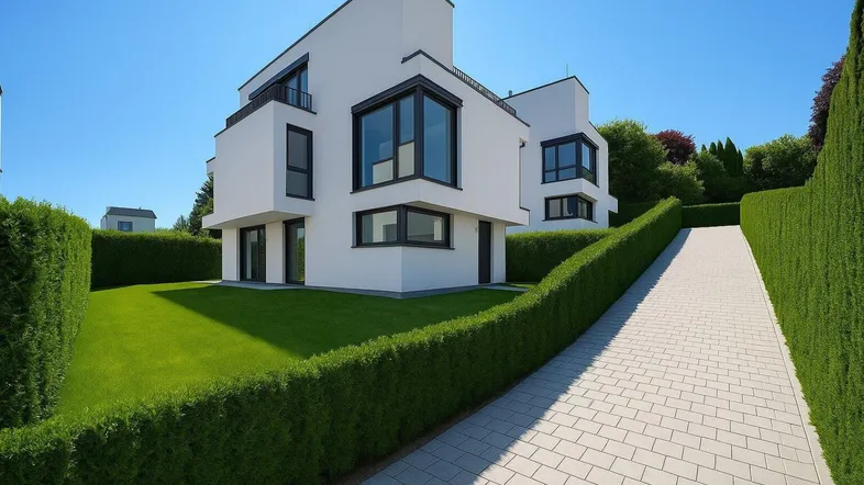 Moderne weiße Architektur mit großen Fenstern, umgeben von gepflegten Hecken und Rasenflächen.