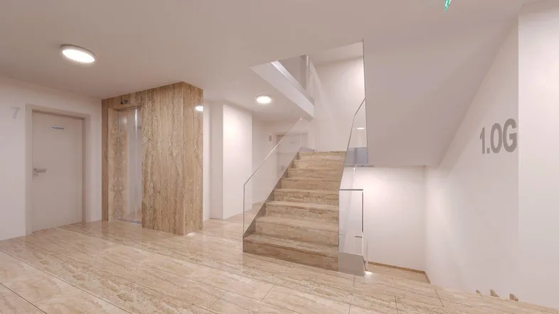 Moderner Eingangsbereich mit Natursteinboden, eleganter Treppe mit Glasgeländer und integriertem Aufzug.