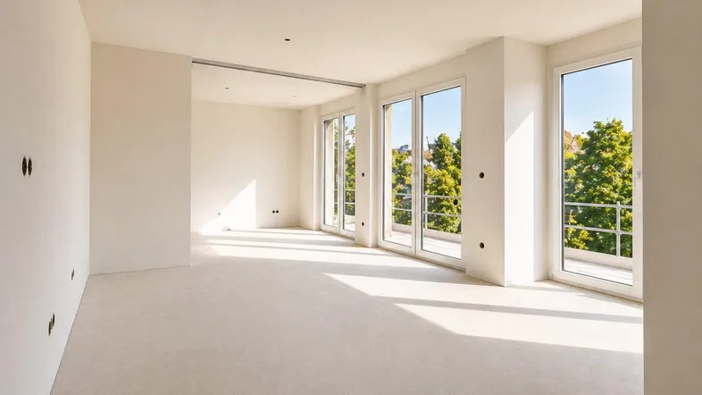 Heller, unmöblierter Wohnraum im Rohbau mit großen Fenstern und Blick ins Grüne.