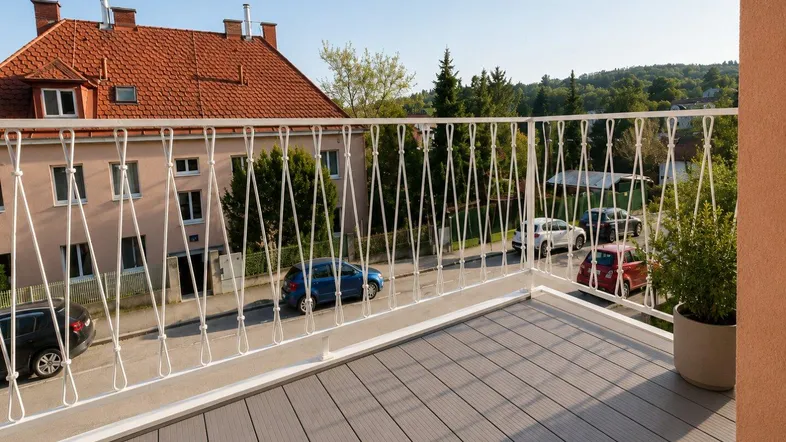 Geräumiger Balkon mit modernem Bodenbelag und Blick auf die umliegende Nachbarschaft.