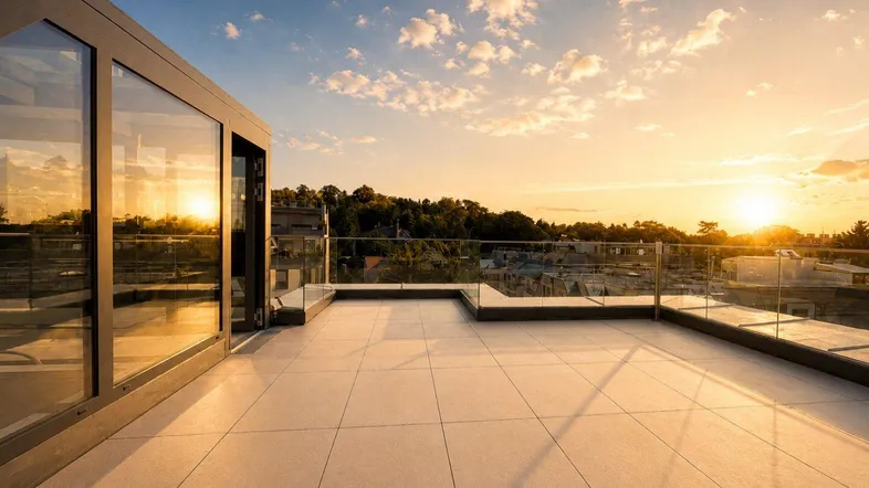 Geräumige Dachterrasse mit Fliesenboden und Glasgeländer, bietet einen weiten Blick in die Ferne bei Sonnenuntergang.