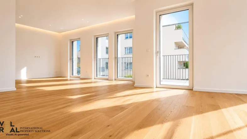 Helles, leeres Zimmer mit Holzboden und Zugang zu einem Balkon, durchflutet von natürlichem Licht.