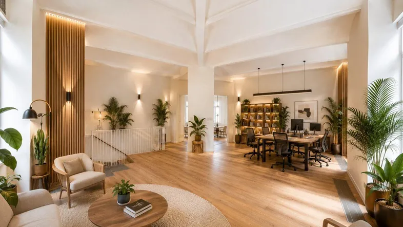 Modern eingerichteter Großraum mit Lounge-Bereich und Arbeitsplätzen, hohen Decken und viel Grün.