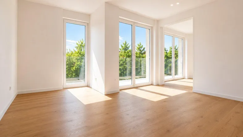 Helles, leeres Zimmer mit Holzboden und großen Fenstern, die viel Tageslicht hereinlassen.