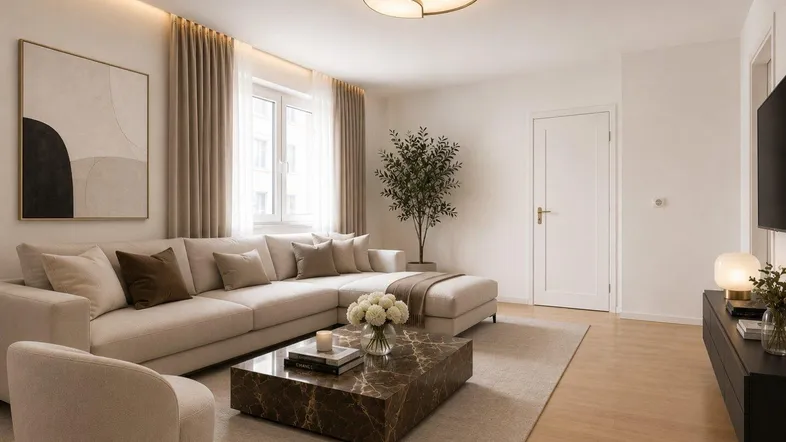 Modernes Wohnzimmer mit großem Ecksofa, stilvollem Couchtisch und indirekter Beleuchtung.