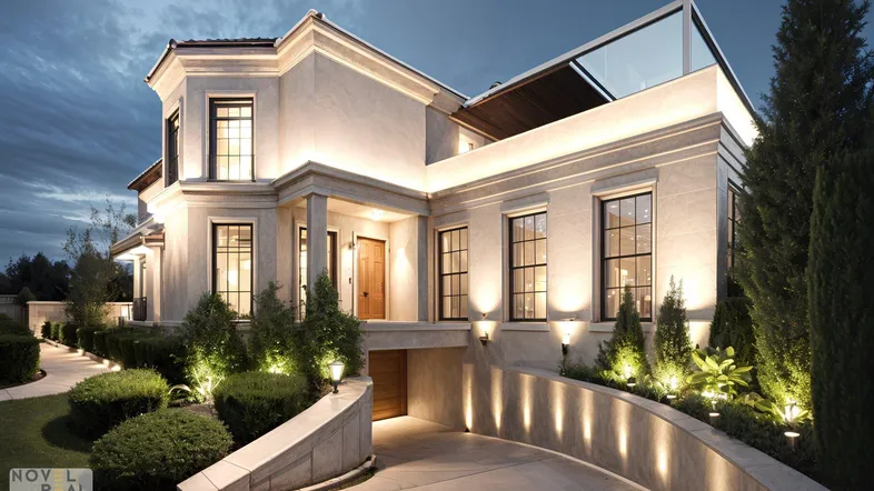 Elegante Villa bei Dämmerung mit beleuchteter Fassade und Auffahrt zur Tiefgarage.