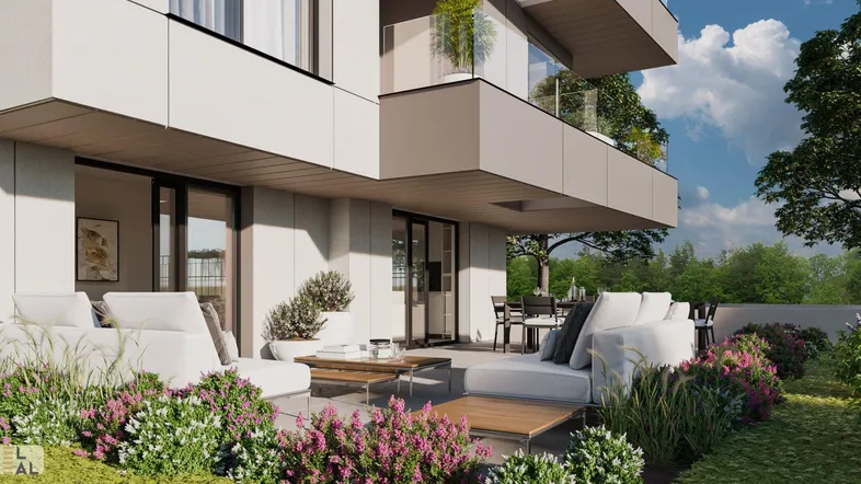 Moderne Terrasse mit bequemen Loungemöbeln und üppiger Bepflanzung, ideal zum Entspannen im Freien.