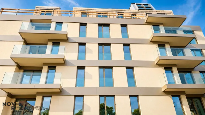 Modernes Mehrfamilienhaus mit hellbeiger Fassade und Glasbalkonen unter blauem Himmel.