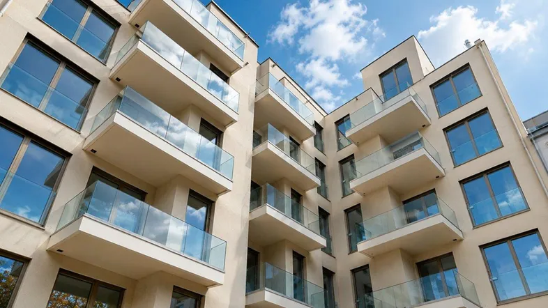 Moderne Fassade eines Neubaus mit vielen Balkonen und Glasgeländern unter blauem Himmel.