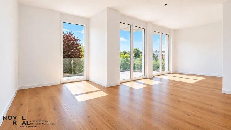 Helles, leeres Zimmer mit Holzboden und großen Fenstern, die auf einen Balkon führen.