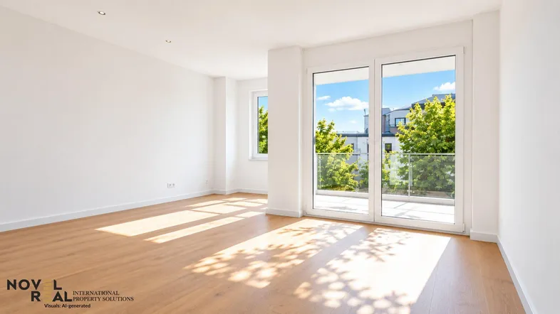 Helles Zimmer mit Holzboden, großen Fenstern und Zugang zu einem Balkon, durchflutet von Sonnenlicht.