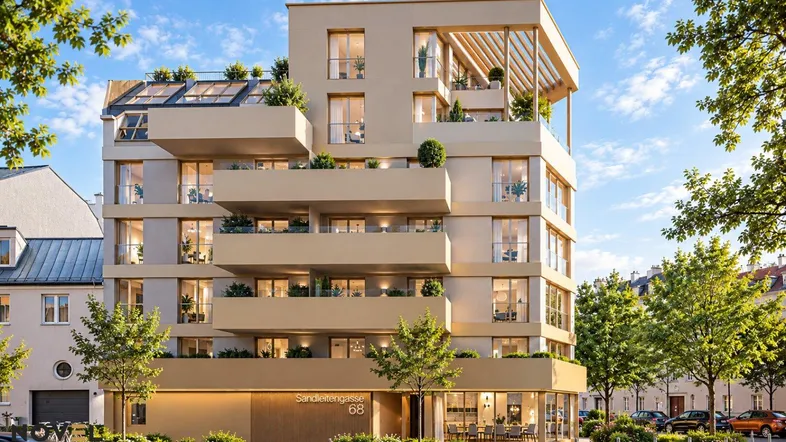 Moderne Wohnanlage mit Balkonen, Dachterrassen und Geschäften im Erdgeschoss.