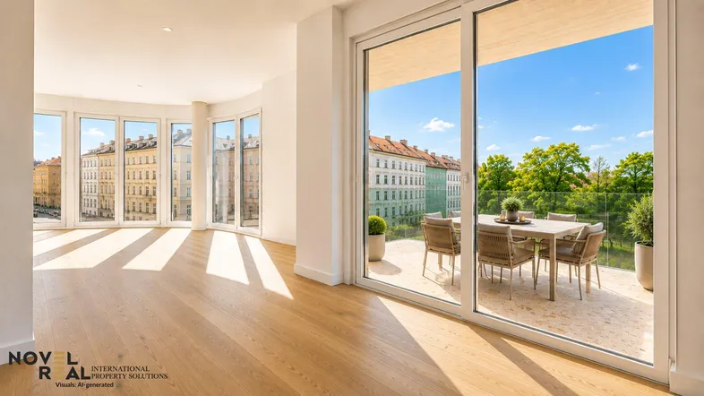 Helles Wohnzimmer mit Holzboden, großen Fenstern und Zugang zu einer möblierten Terrasse mit Stadtblick.