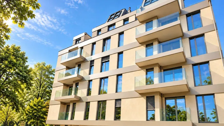 Modernes Mehrfamilienhaus mit hellbeiger Fassade, großen Fenstern und Balkonen unter blauem Himmel.