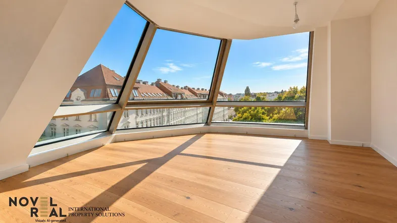 Helles Zimmer mit großen, schrägen Fenstern und Holzboden, bietet einen weiten Blick über die Stadt.