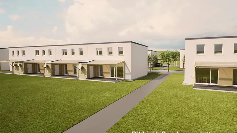 Visualisierung moderner Reihenhäuser mit Flachdach und großzügigen Grünflächen.