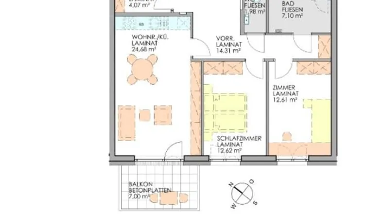 Grundriss einer 3-Zimmer-Wohnung im Obergeschoss mit offenem Wohn-/Küchenbereich und Balkon.