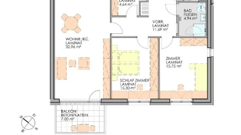 Grundriss einer 3-Zimmer-Wohnung mit offenem Wohn-/Küchenbereich, Balkon und separatem WC.