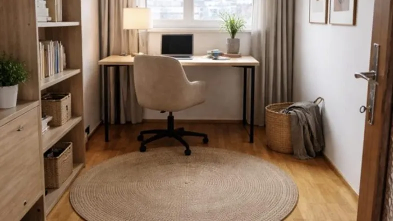 Helles Heimbüro mit Holzregal, Schreibtisch und einem runden Teppich, ideal für produktives Arbeiten.