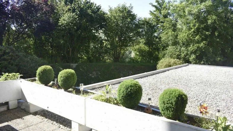 Helle Terrasse mit Steinplatten, begrünten Pflanzkübeln und Blick ins Grüne.