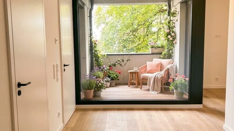 Heller Raum mit Holzboden und Zugang zu einem möblierten Balkon mit vielen Pflanzen.
