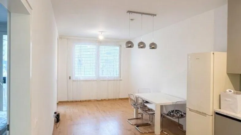 Heller offener Wohn- und Essbereich mit modernem Holzboden und viel Tageslicht durch das Fenster.