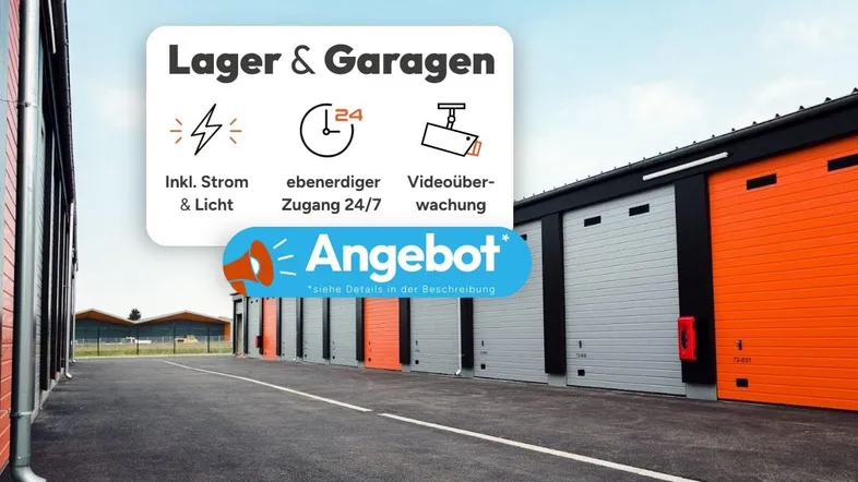 Reihe moderner Lager- und Garageneinheiten mit orangefarbenen und grauen Rolltoren und asphaltierter Zufahrt.