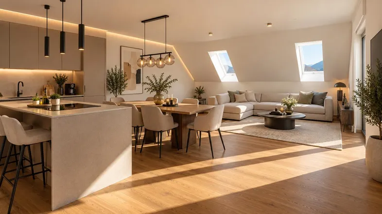 Moderner, offener Wohn-Essbereich mit integrierter Küche, Holzboden und Dachfenstern, lichtdurchflutet.