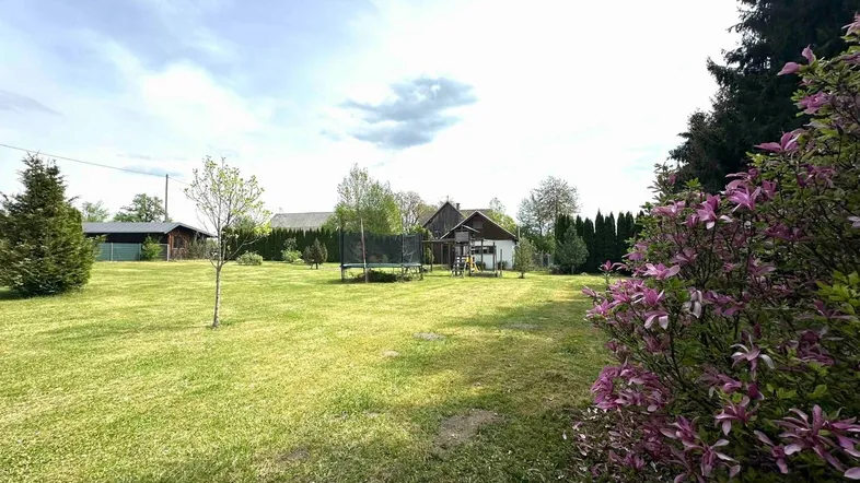 Großer, gepflegter Garten mit Rasenfläche, Trampolin und blühenden Sträuchern, umgeben von Bäumen.