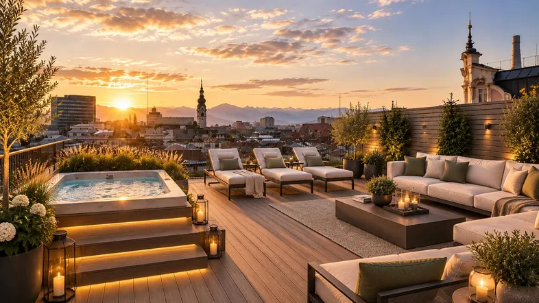 Luxuriöse Dachterrasse mit Whirlpool, bequemen Lounge-Möbeln und atemberaubendem Sonnenuntergang über der Stadt.