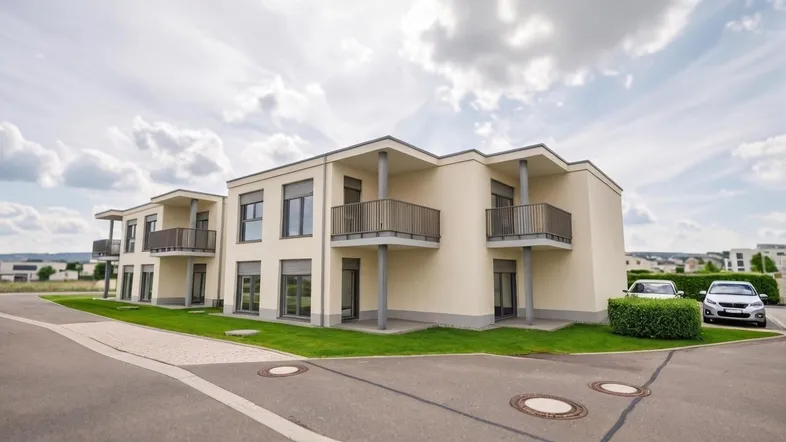 Modernes Mehrfamilienhaus mit Balkonen und gepflegter Außenanlage unter bewölktem Himmel.