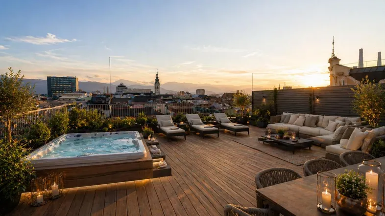 Geräumige Dachterrasse mit Whirlpool, Lounge-Bereich und Panoramablick über die Stadt bei Sonnenuntergang.