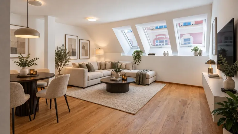 Helles, modern eingerichtetes Wohn-Esszimmer mit Holzboden, gemütlichem Sofa und Esstisch unter Dachschrägen.