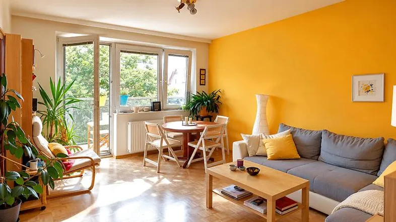 Helles Wohn- und Esszimmer mit gelber Akzentwand, Parkettboden und Zugang zum Balkon.