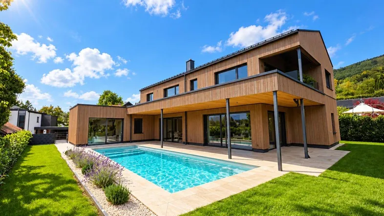 Modernes Einfamilienhaus mit Holzfassade, großem Garten und privatem Swimmingpool unter blauem Himmel.
