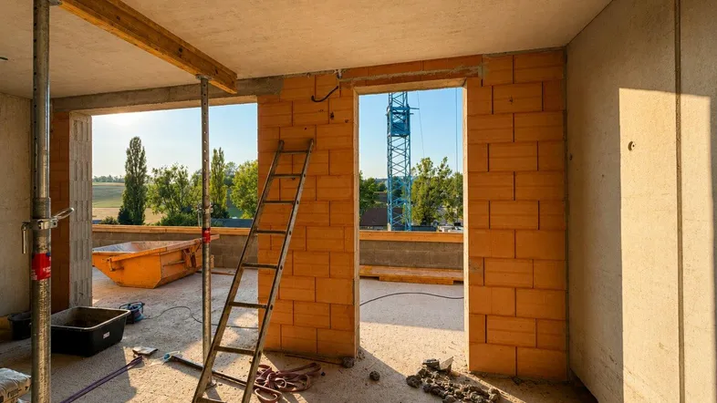 Unfertiger Innenraum eines Neubaus mit Ziegelwänden und Blick auf die Baustelle.